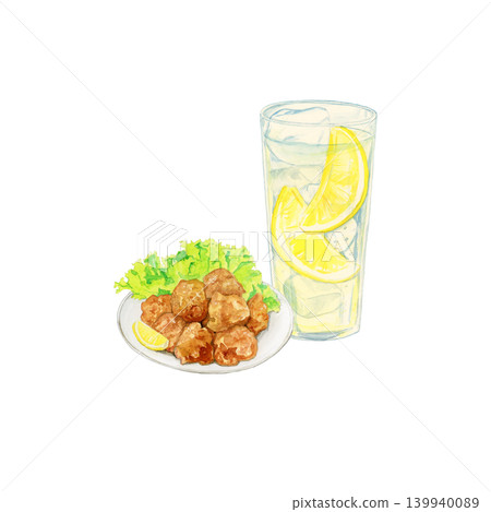 手繪水彩插圖,描繪了檸檬酸酒和炸雞——清爽的夏季酒精飲料材料。 手繪水彩插圖,描繪了檸檬酸酒和炸雞——清爽的夏季酒精飲料材料。 139940089