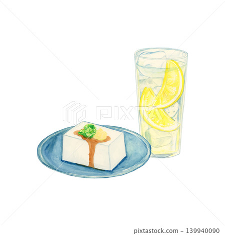 手繪水彩插畫,描繪了檸檬酸味冰鎮豆腐。一款清爽的夏日酒精飲品插畫。 手繪水彩插畫,描繪了檸檬酸味冰鎮豆腐。一款清爽的夏日酒精飲品插畫。 139940090