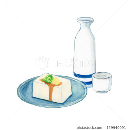 手繪水彩插圖，描繪了清酒和冰豆腐 139940091