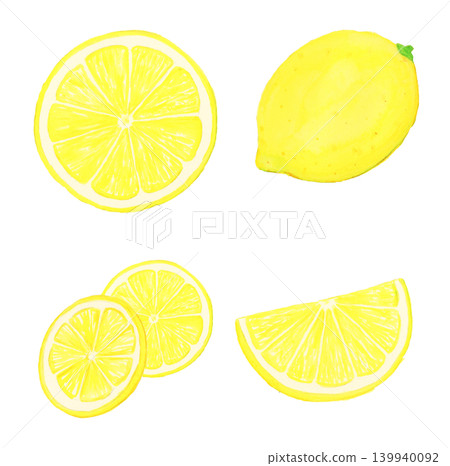 Hand-drawn watercolor realistic lemon whole, sliced, and comb set (without leaves, white background, food illustration) Hand-drawn watercolor realistic lemon whole, sliced, and comb set (without leaves, white background, food illustration) 139940092