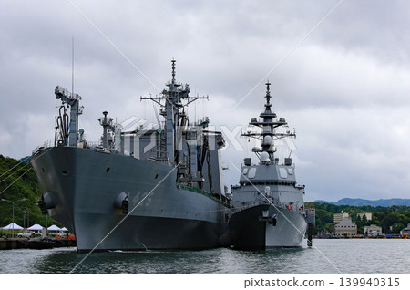 Destroyer and supply ship at anchor Destroyer and supply ship at anchor 139940315