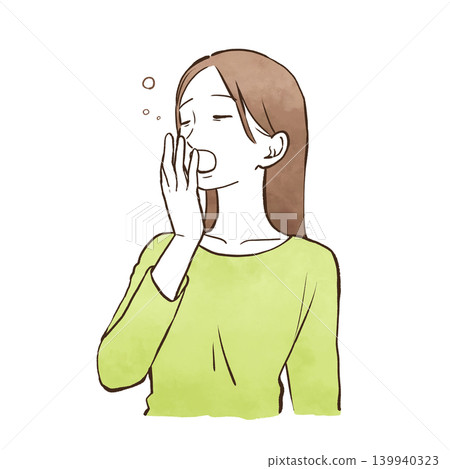 Young woman yawning (upper body, bust-up) - watercolor-style hand-drawn illustration. 139940323