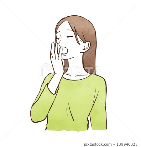 Young woman yawning (upper body, bust-up) - watercolor-style hand-drawn illustration. 139940325