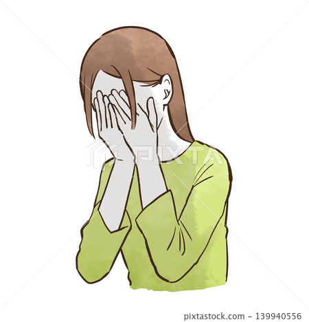 A young woman (upper body, bust-up) covering her face with both hands - watercolor-style hand-drawn illustration. A young woman (upper body, bust-up) covering her face with both hands - watercolor-style hand-drawn illustration. 139940556