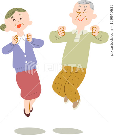An elderly couple jumps for joy. An elderly couple jumps for joy. 139940633