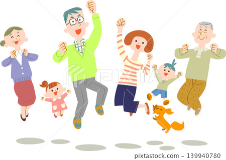 A three-generation family jumps for joy. A three-generation family jumps for joy. 139940780