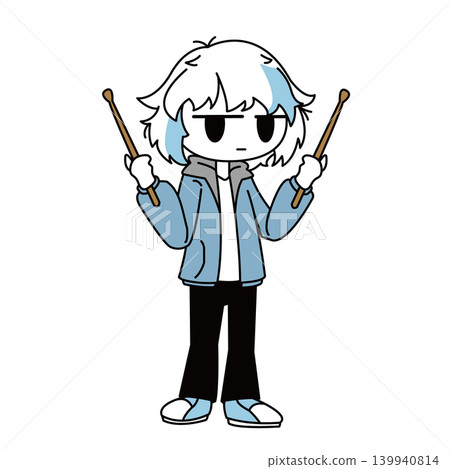 A full-body illustration of a boy with a simple touch, holding drumsticks and a deadpan expression. A full-body illustration of a boy with a simple touch, holding drumsticks and a deadpan expression. 139940814
