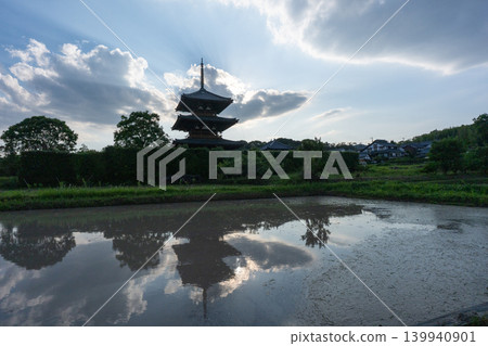 A photograph of the warming rice paddies reflecting Hokiji Temple, a scene from early summer in Ikaruga. 139940901