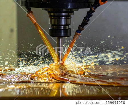 The CNC milling machine works. Coolant and lubrication in the metalwork The CNC milling machine works. Coolant and lubrication in the metalwork 139941058