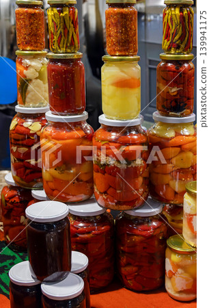 Homemade pickled vegetables in jars Homemade pickled vegetables in jars 139941175