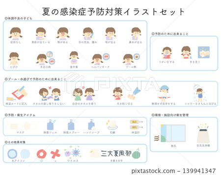 Summer Infection Prevention Illustration Set (Solid Color, Flat) - Suitable for Kindergartens, Daycare Centers, Pediatric Clinics, Hospitals, Website Banners, and Bulletin Boards. Summer Infection Prevention Illustration Set (Solid Color, Flat) - Suitable for Kindergartens, Daycare Centers, Pediatric Clinics, Hospitals, Website Banners, and Bulletin Boards. 139941347