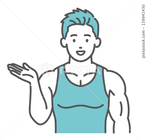 Illustration of a personal trainer (a muscular man) guiding and introducing himself. Illustration of a personal trainer (a muscular man) guiding and introducing himself. 139941430