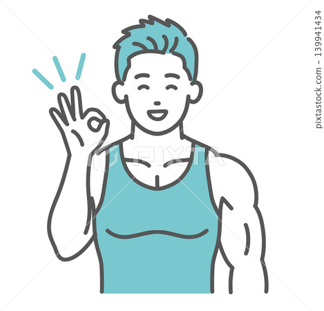 一幅私人教練(一位肌肉發達的男子)做出“OK”手勢的插圖。 一幅私人教練(一位肌肉發達的男子)做出“OK”手勢的插圖。 139941434