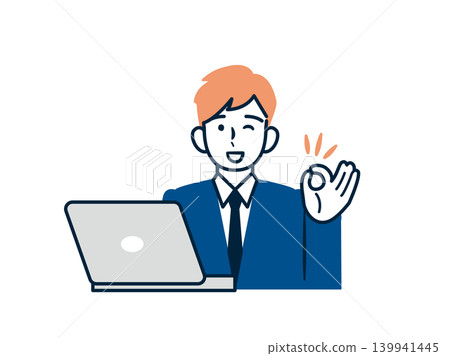 A smiling man opens his PC and makes a good gesture. A smiling man opens his PC and makes a good gesture. 139941445