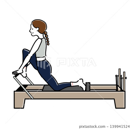 A woman stretching her legs using a Pilates machine. A woman stretching her legs using a Pilates machine. 139941524