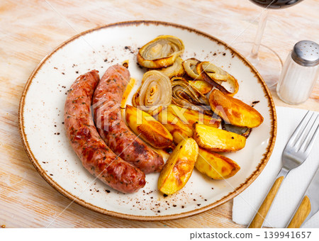 Roasted sausages served with baked potatoes and fried onion Roasted sausages served with baked potatoes and fried onion 139941657