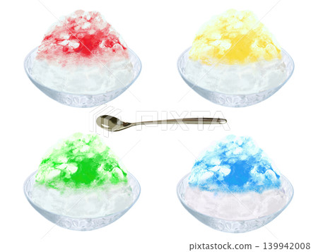 Shaved ice (strawberry, lemon, melon, blue Hawaii) in a glass bowl 139942008