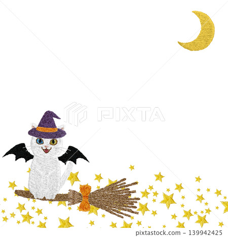[Black cat vampire riding a broom with a frame of the moon and stars] Hand-embroidered illustration material 139942425