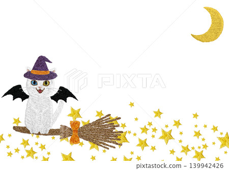 [A black cat vampire riding a broomstick with a horizontal frame of the moon and stars] Hand-embroidered illustration material 139942426