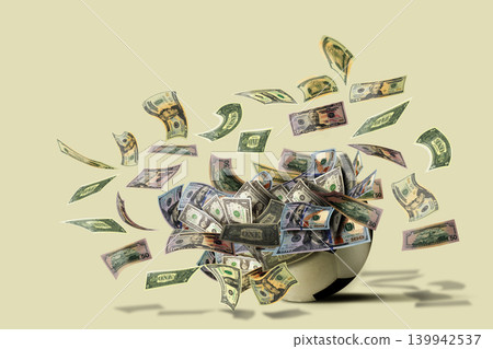 Flying US Dollar Bills Bursting from a Soccer Ball - Sports Finance Concept Flying US Dollar Bills Bursting from a Soccer Ball - Sports Finance Concept 139942537