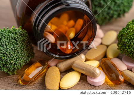 Drug with broccoli vegetable for healthy food. Drug with broccoli vegetable for healthy food. 139942716