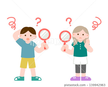 Children using magnifying glasses to investigate questions and mysteries: Inquiry-based learning and observation 139942963