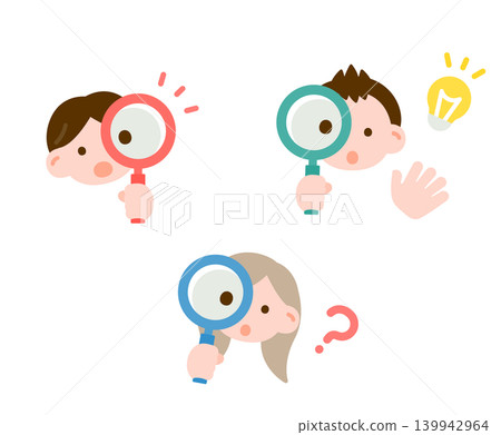 A set of icon sets of children's faces holding magnifying glasses (images of surprise, discovery, question, and learning). 139942964