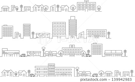 A set of monochrome cityscapes drawn with simple lines (residential area, office district, shops, etc.) A set of monochrome cityscapes drawn with simple lines (residential area, office district, shops, etc.) 139942983