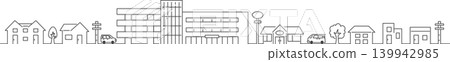 A monochrome streetscape of a shopping center and residential area, drawn with simple lines. 139942985