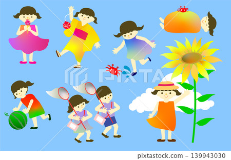 一組描繪小學生女孩享受暑假的插圖(7 個夏季活動和事件的場景,包括捉昆蟲、穿浴衣和向日葵)。 一組描繪小學生女孩享受暑假的插圖(7 個夏季活動和事件的場景,包括捉昆蟲、穿浴衣和向日葵)。 139943030