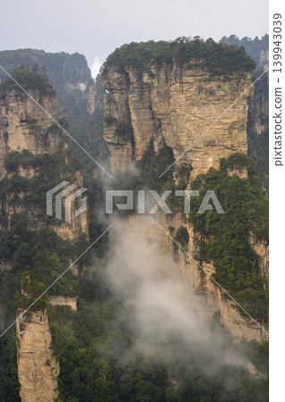 Pillars of the Tianmenshan Mountains rising from the jungle in the fog near Zhangjiajie, China 139943039