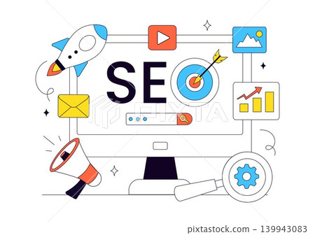 SEO Vector Illustration Featuring Search Engine Optimization, Digital Marketing Strategy, Analytics, Target Audience, and Web Growth Design SEO Vector Illustration Featuring Search Engine Optimization, Digital Marketing Strategy, Analytics, Target Audience, and Web Growth Design 139943083