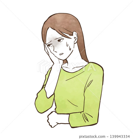 一位年輕女子(上半身)神情嚴肅、擔憂或焦慮——水彩風格的手繪插圖。 一位年輕女子(上半身)神情嚴肅、擔憂或焦慮——水彩風格的手繪插圖。 139943334