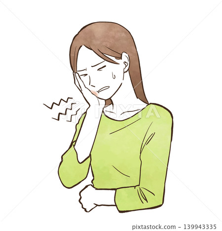 一位年輕女子(上半身)因牙痛或其他牙齒問題而用一隻手摀著腫脹的臉頰。 (水彩風格手繪插圖) 一位年輕女子(上半身)因牙痛或其他牙齒問題而用一隻手摀著腫脹的臉頰。 (水彩風格手繪插圖) 139943335