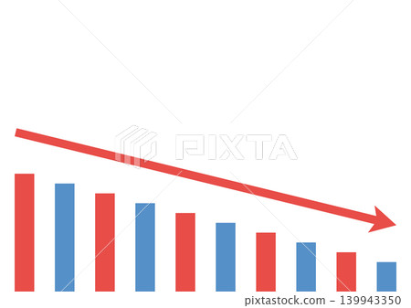 A set of arrows (red and blue) consisting of a long, downward-sloping graph made up of many bars. 139943350
