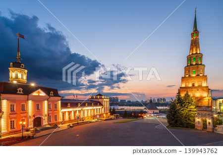 The ancient leaning red brick Syuyumbike Tower at night on the territory of the Kazan Kremlin. Russia 139943762