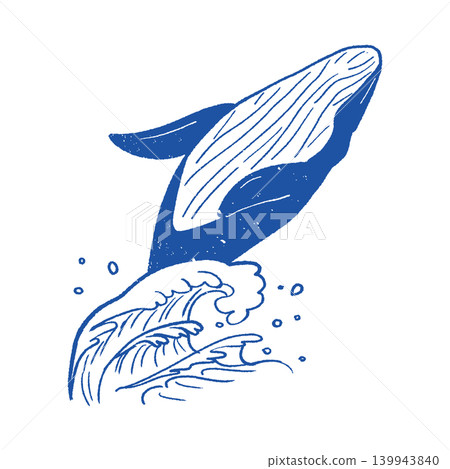 Woodblock print style: A whale dynamically jumping and splashing waves (blue) 139943840