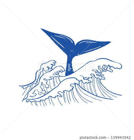 版畫風格:波浪和鯨魚尾鰭,單色,藍色 版畫風格:波浪和鯨魚尾鰭,單色,藍色 139943842