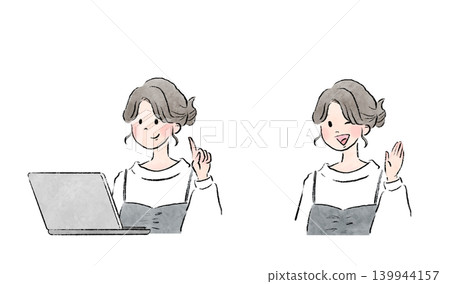 A set of illustrations depicting a woman working on a computer and striking various poses. 139944157