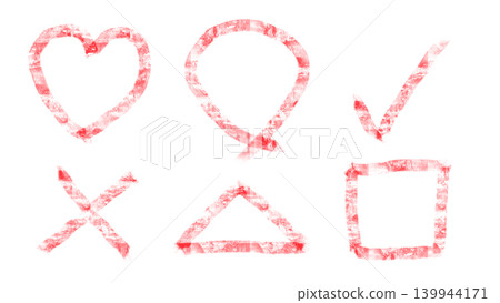 A set of cute, rough, doodle-style hand-drawn marks (red, heart, circle, triangle, square, cross, check) with transparent background. A set of cute, rough, doodle-style hand-drawn marks (red, heart, circle, triangle, square, cross, check) with transparent background. 139944171