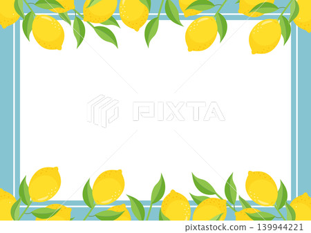 Lemon with branches and leaves, top and bottom frame, light blue border Lemon with branches and leaves, top and bottom frame, light blue border 139944221