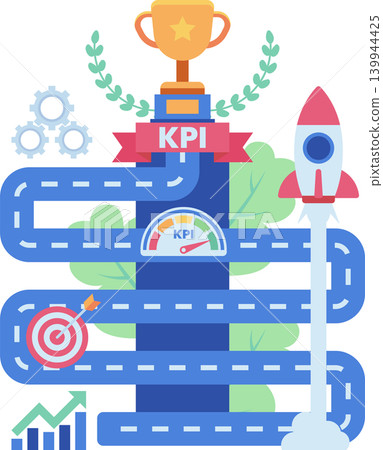 Business KPI Achievement Roadmap with Performance Metrics and Trophy 139944425
