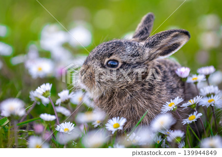 Little hare sitting in a spring daisy meadow 139944849