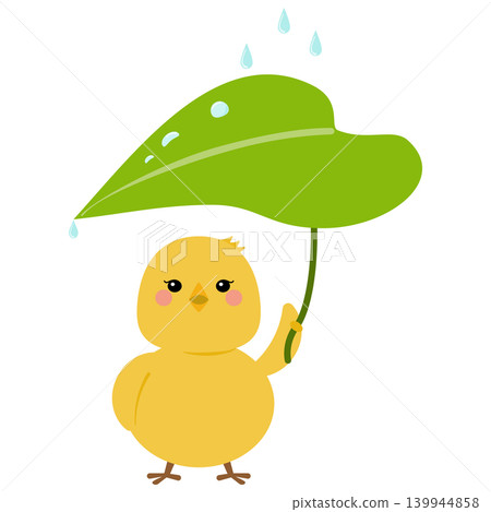一隻小雞抬頭望著落在樹葉傘上的雨滴。 一隻小雞抬頭望著落在樹葉傘上的雨滴。 139944858