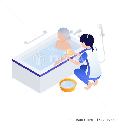 等距視角 | 女性護理員協助老年婦女洗澡。 等距視角 | 女性護理員協助老年婦女洗澡。 139944978