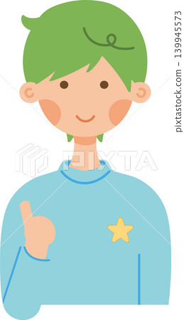一個綠頭髮的男孩豎起了大拇指。 一個綠頭髮的男孩豎起了大拇指。 139945573