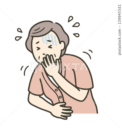一位老年婦女的上半身出現中暑或諾羅病毒感染症狀,包括腹痛和嘔吐。 一位老年婦女的上半身出現中暑或諾羅病毒感染症狀,包括腹痛和嘔吐。 139945581