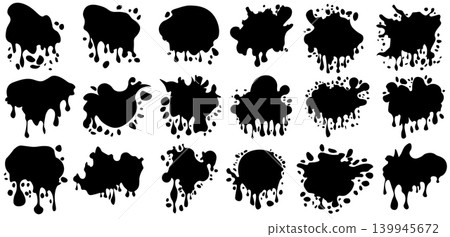 Abstract artistic ink splatter paint splatter, drops, dots, wet dye prints. Big set of black watercolor paint brush texture. Grunge water, spray drop spatter, blot splatters, silhouettes. Vector Abstract artistic ink splatter paint splatter, drops, dots, wet dye prints. Big set of black watercolor paint brush texture. Grunge water, spray drop spatter, blot splatters, silhouettes. Vector 139945672