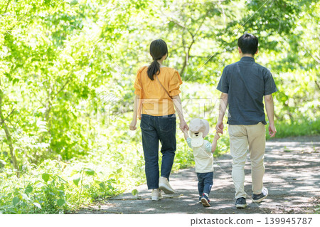 父母和孩子在大自然中玩耍;育兒;背影 父母和孩子在大自然中玩耍;育兒;背影 139945787