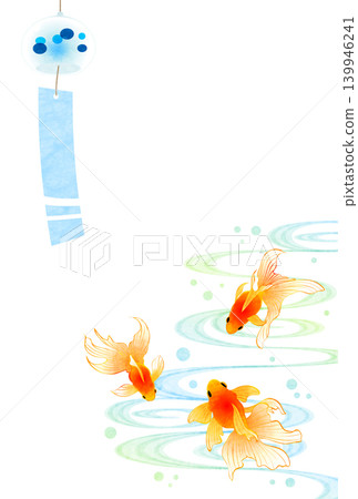 Summer greeting postcard illustration, goldfish, wind chime, Japanese style, cute, vertical Summer greeting postcard illustration, goldfish, wind chime, Japanese style, cute, vertical 139946241
